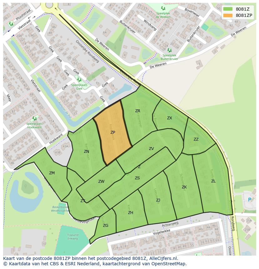 Afbeelding van het postcodegebied 8081 ZP op de kaart.