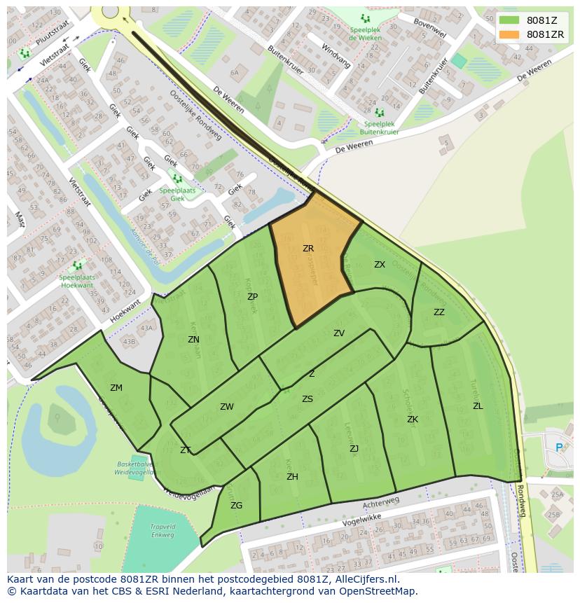 Afbeelding van het postcodegebied 8081 ZR op de kaart.