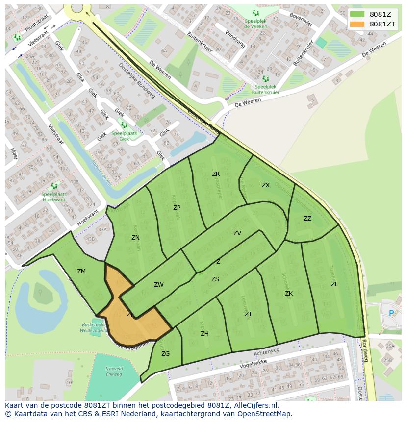 Afbeelding van het postcodegebied 8081 ZT op de kaart.