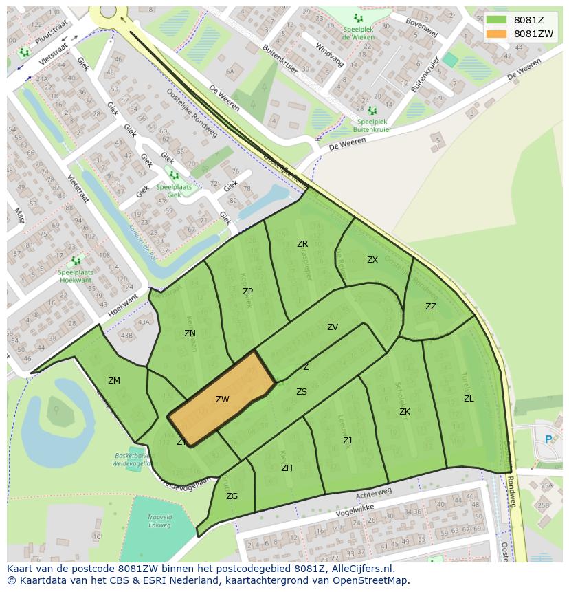 Afbeelding van het postcodegebied 8081 ZW op de kaart.