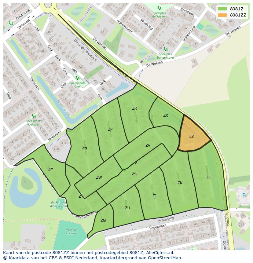 Afbeelding van het postcodegebied 8081 ZZ op de kaart.