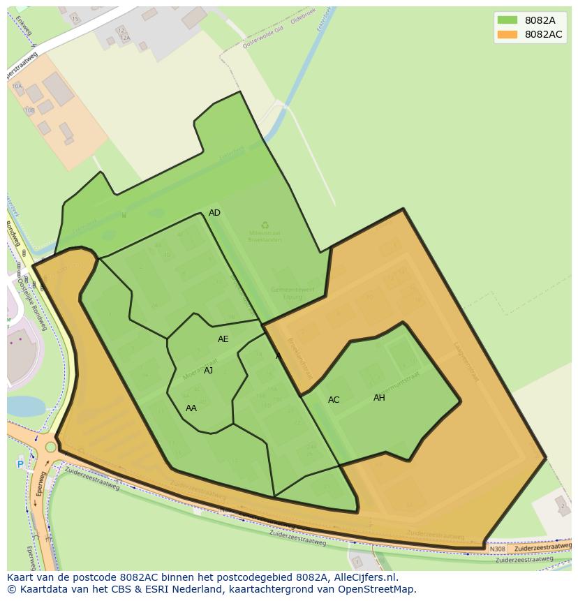 Afbeelding van het postcodegebied 8082 AC op de kaart.