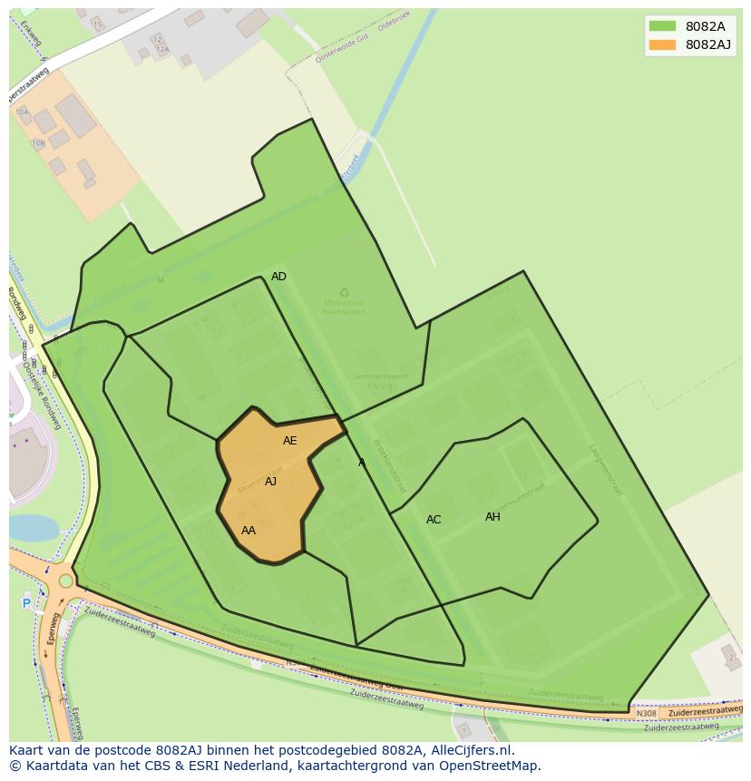 Afbeelding van het postcodegebied 8082 AJ op de kaart.