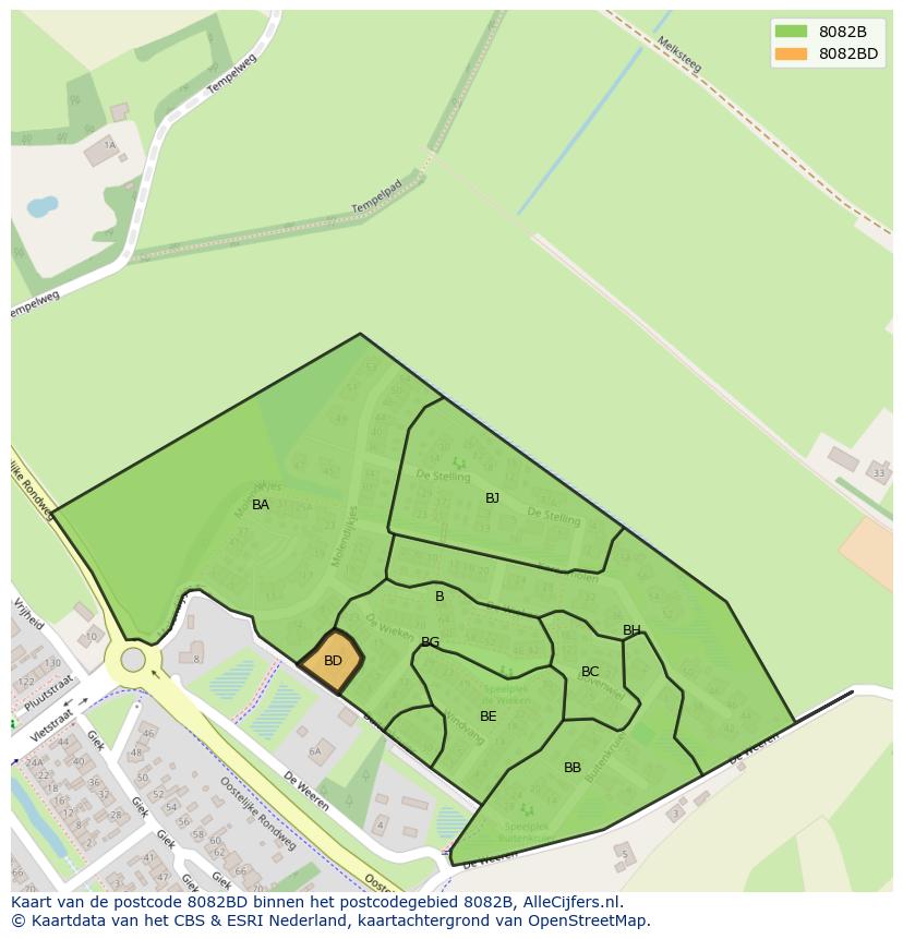 Afbeelding van het postcodegebied 8082 BD op de kaart.