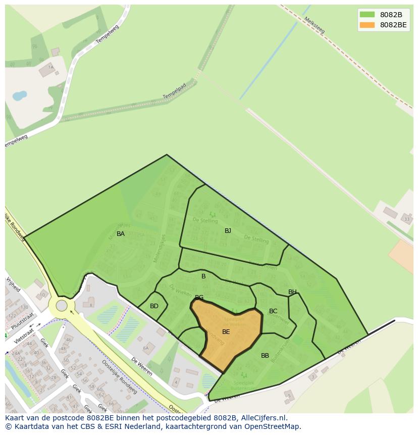 Afbeelding van het postcodegebied 8082 BE op de kaart.