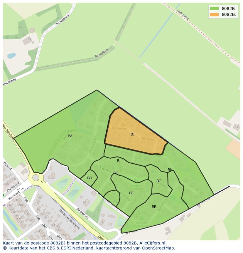 Afbeelding van het postcodegebied 8082 BJ op de kaart.