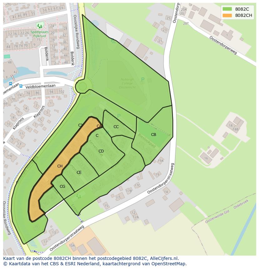 Afbeelding van het postcodegebied 8082 CH op de kaart.