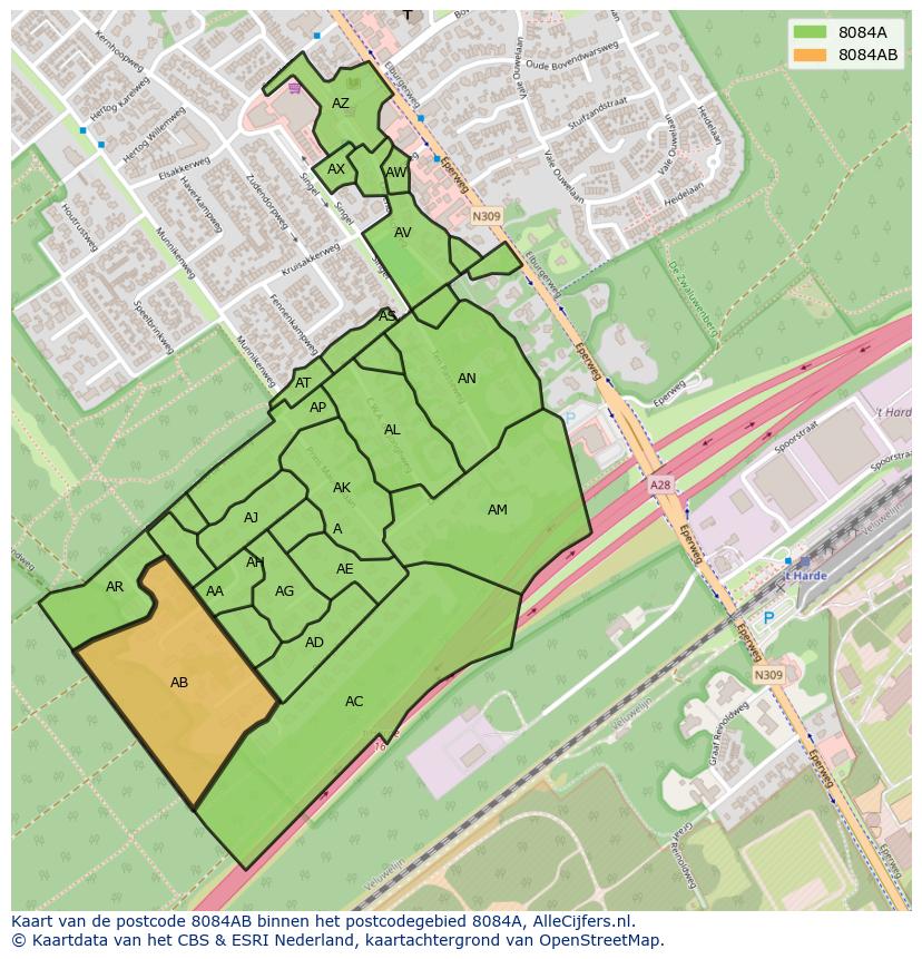 Afbeelding van het postcodegebied 8084 AB op de kaart.