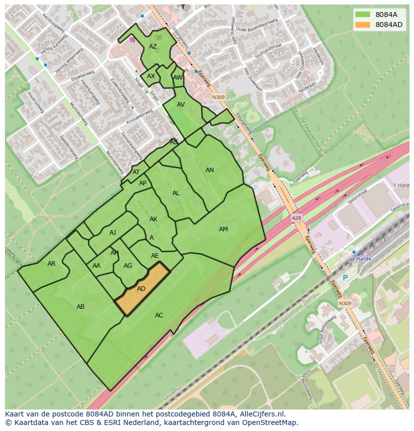 Afbeelding van het postcodegebied 8084 AD op de kaart.