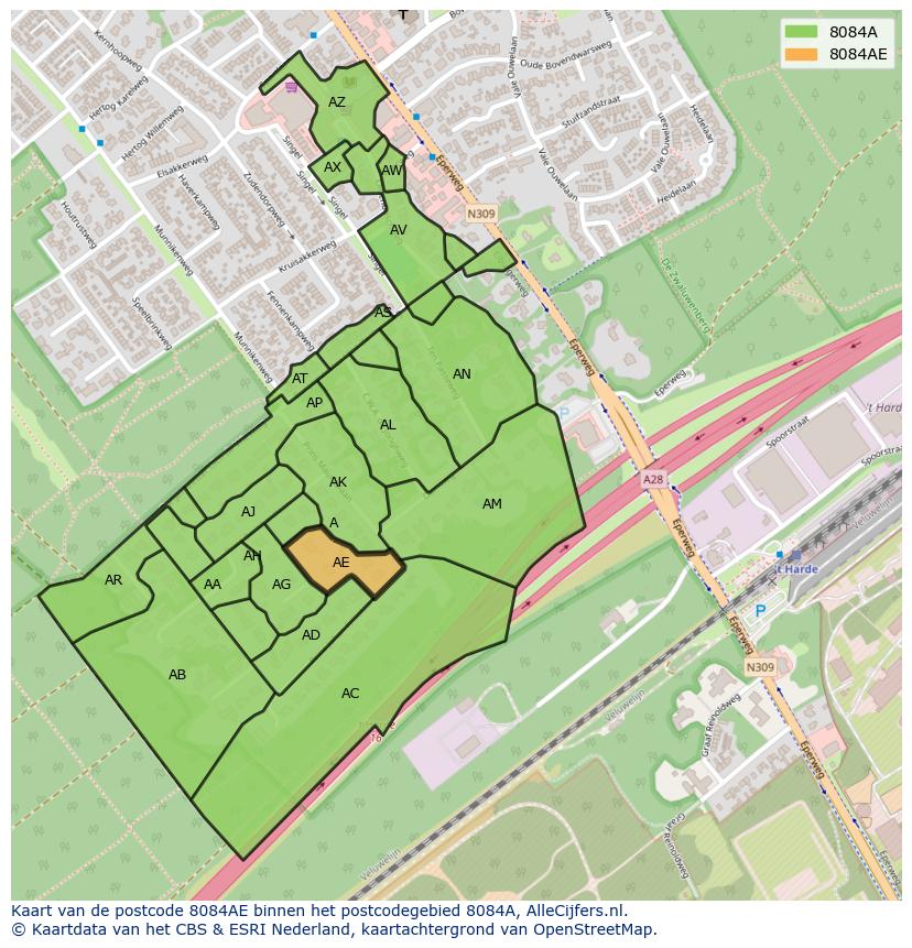 Afbeelding van het postcodegebied 8084 AE op de kaart.
