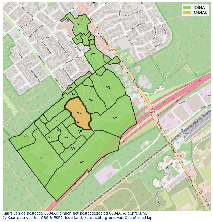 Afbeelding van het postcodegebied 8084 AK op de kaart.