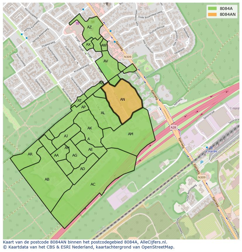 Afbeelding van het postcodegebied 8084 AN op de kaart.