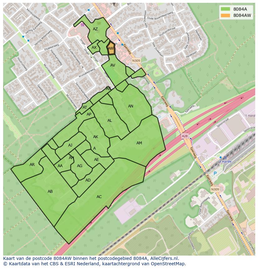 Afbeelding van het postcodegebied 8084 AW op de kaart.