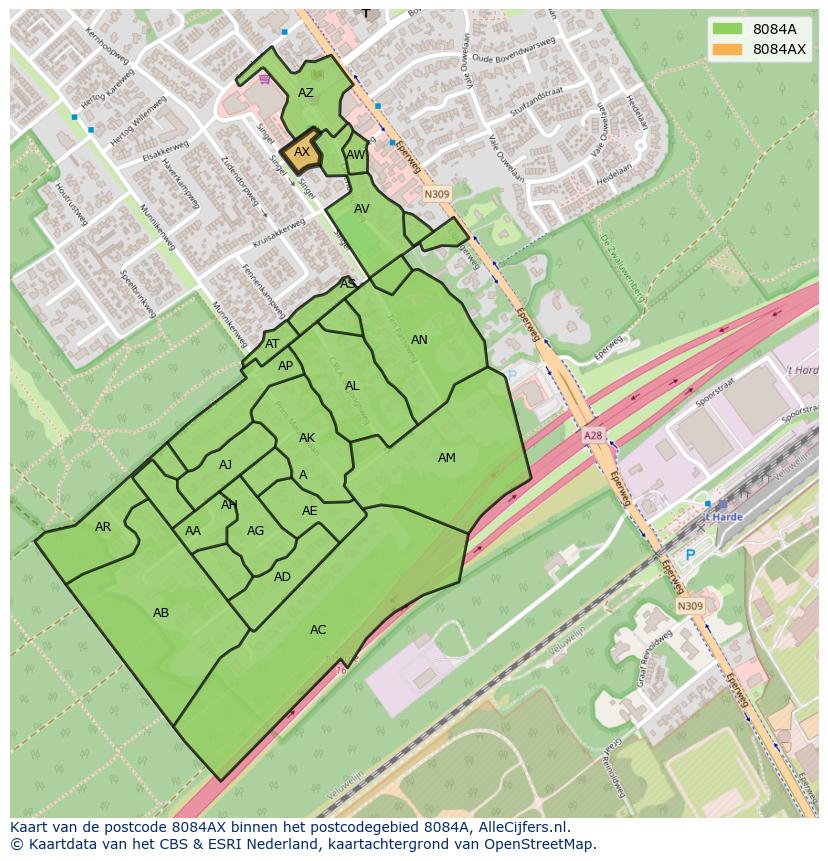Afbeelding van het postcodegebied 8084 AX op de kaart.