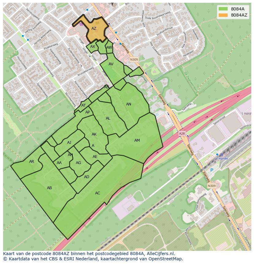 Afbeelding van het postcodegebied 8084 AZ op de kaart.