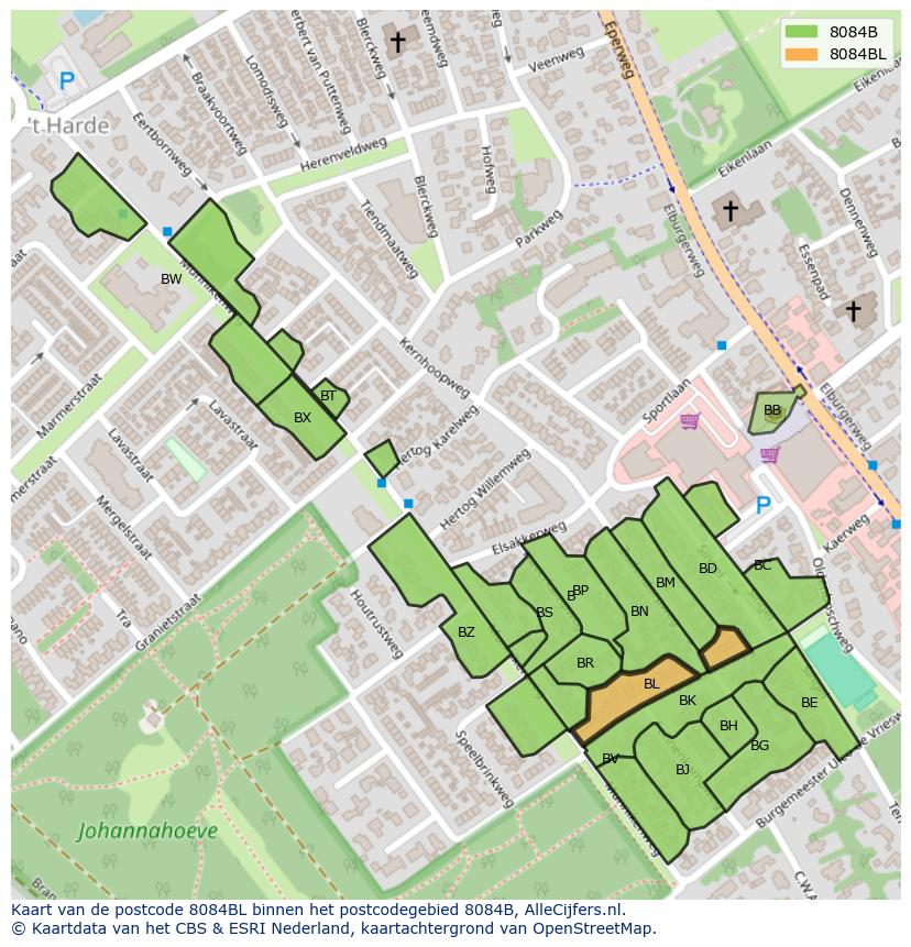 Afbeelding van het postcodegebied 8084 BL op de kaart.