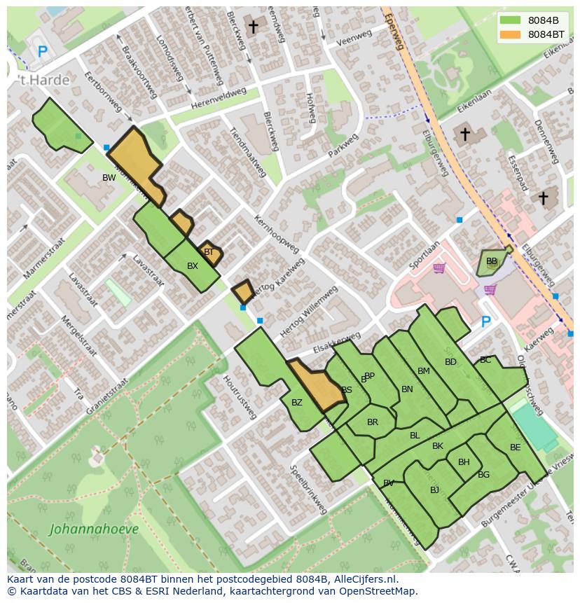 Afbeelding van het postcodegebied 8084 BT op de kaart.