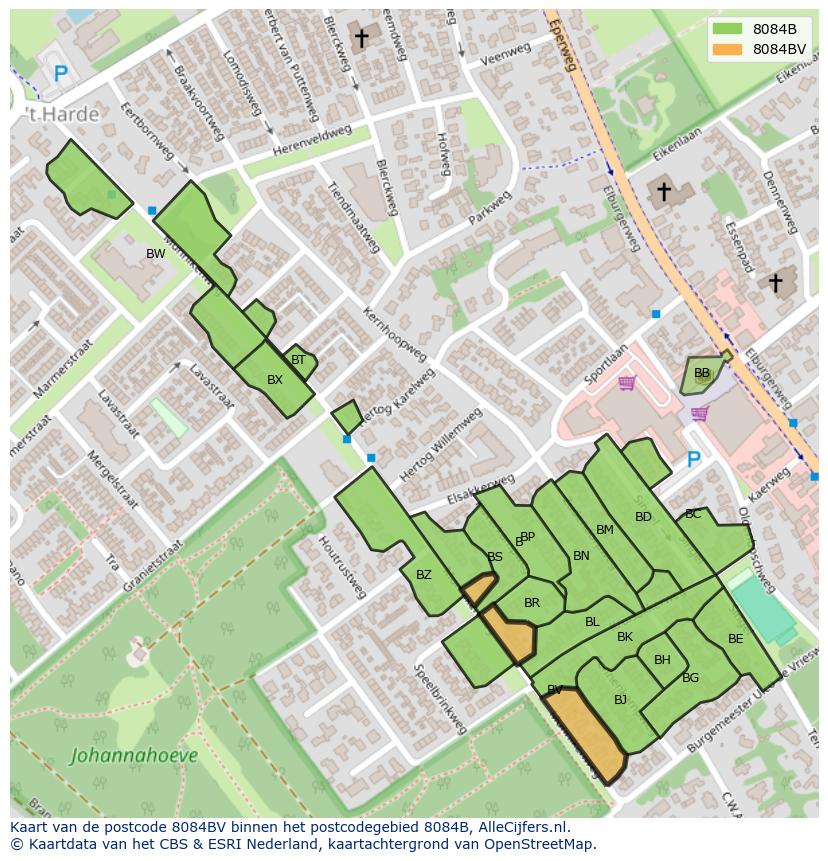 Afbeelding van het postcodegebied 8084 BV op de kaart.