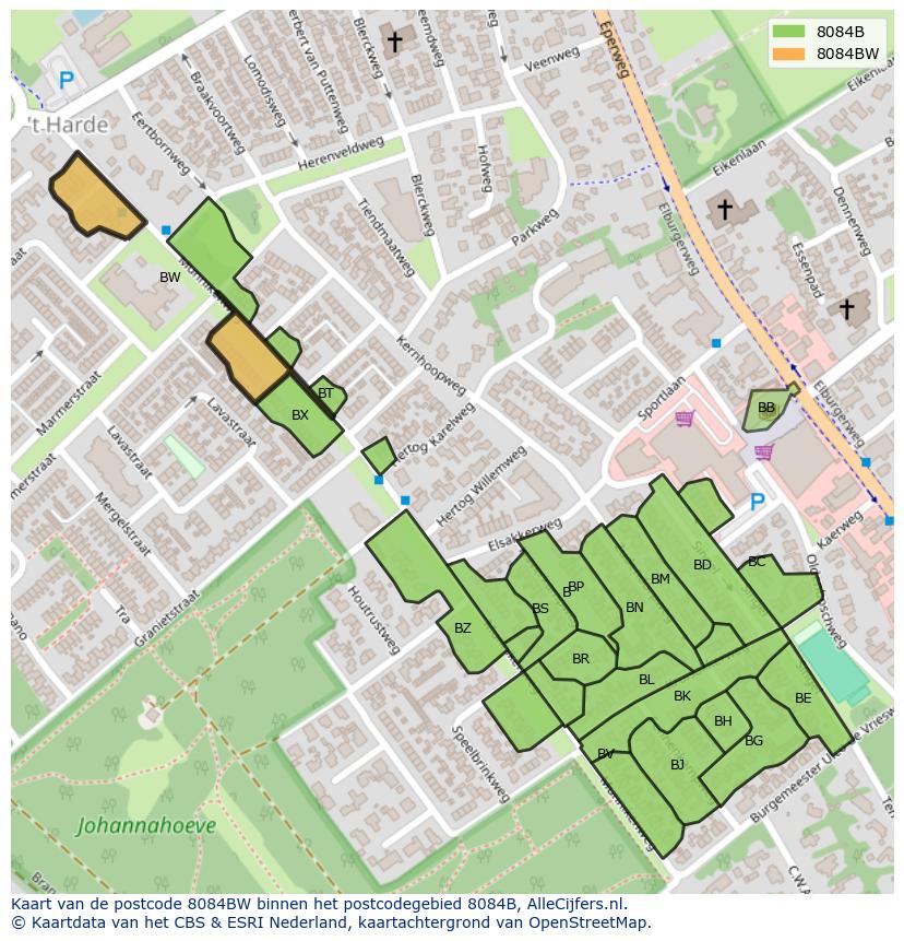 Afbeelding van het postcodegebied 8084 BW op de kaart.