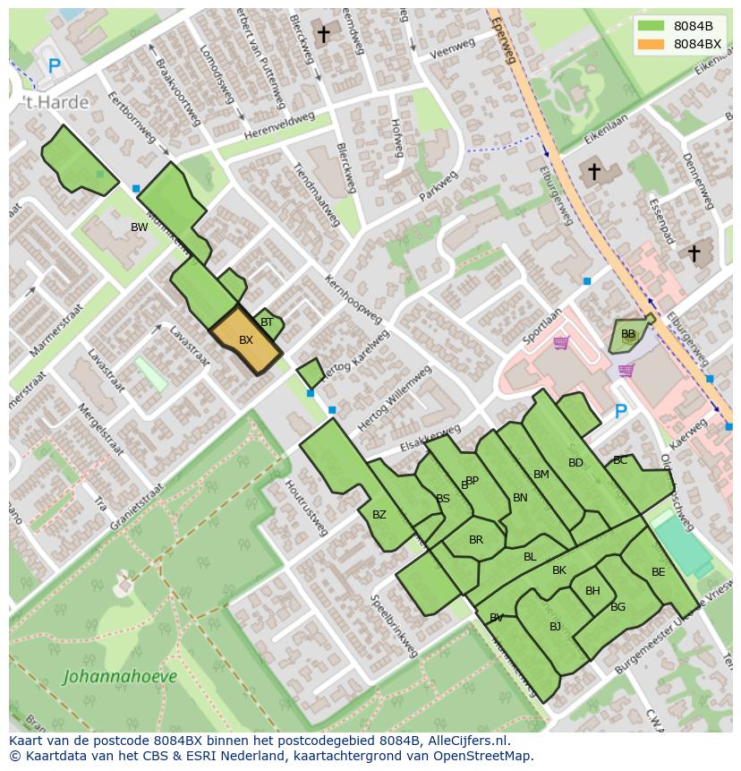 Afbeelding van het postcodegebied 8084 BX op de kaart.