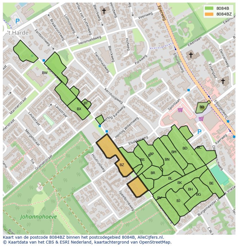 Afbeelding van het postcodegebied 8084 BZ op de kaart.