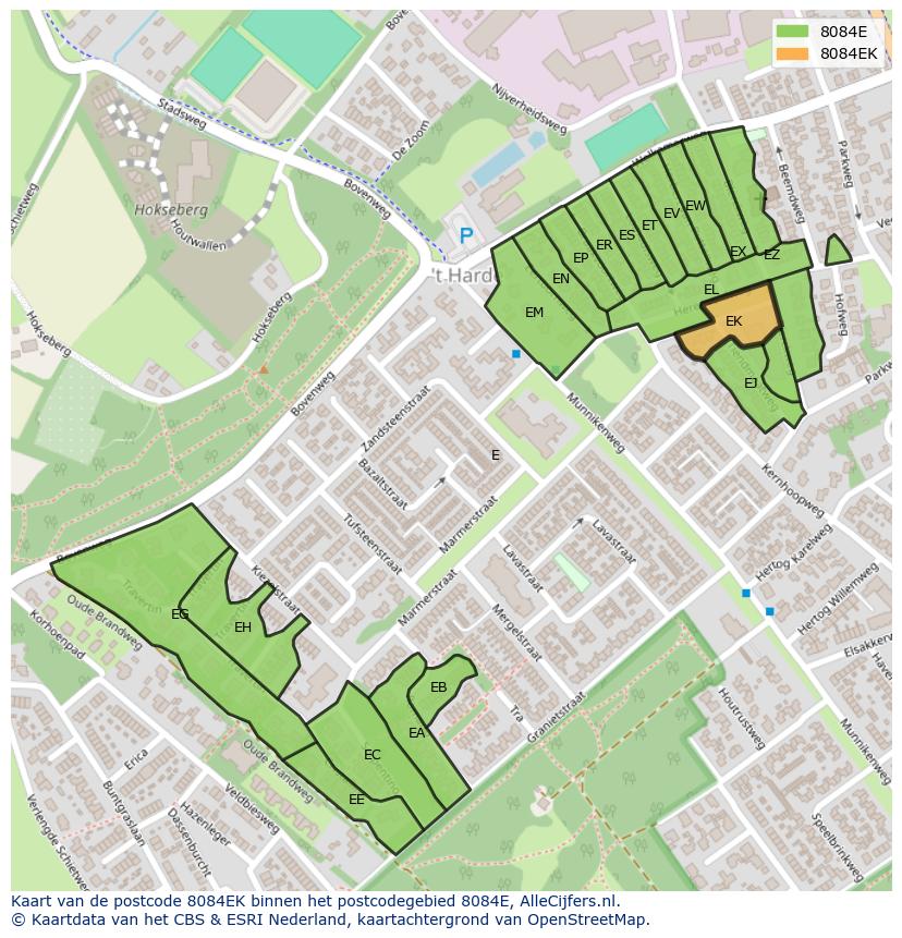 Afbeelding van het postcodegebied 8084 EK op de kaart.