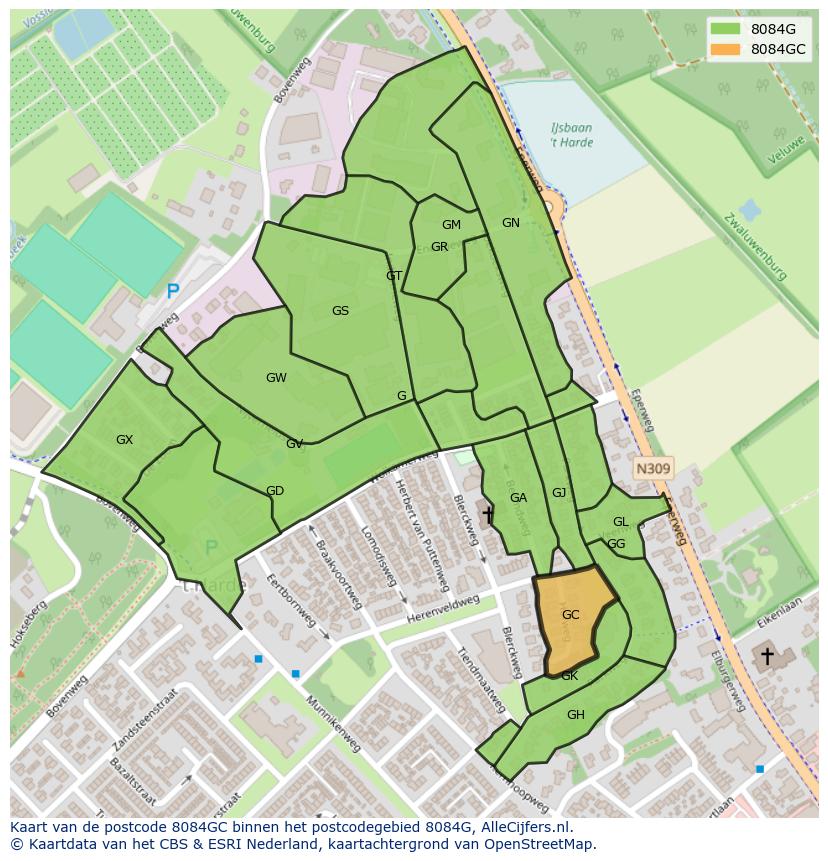 Afbeelding van het postcodegebied 8084 GC op de kaart.