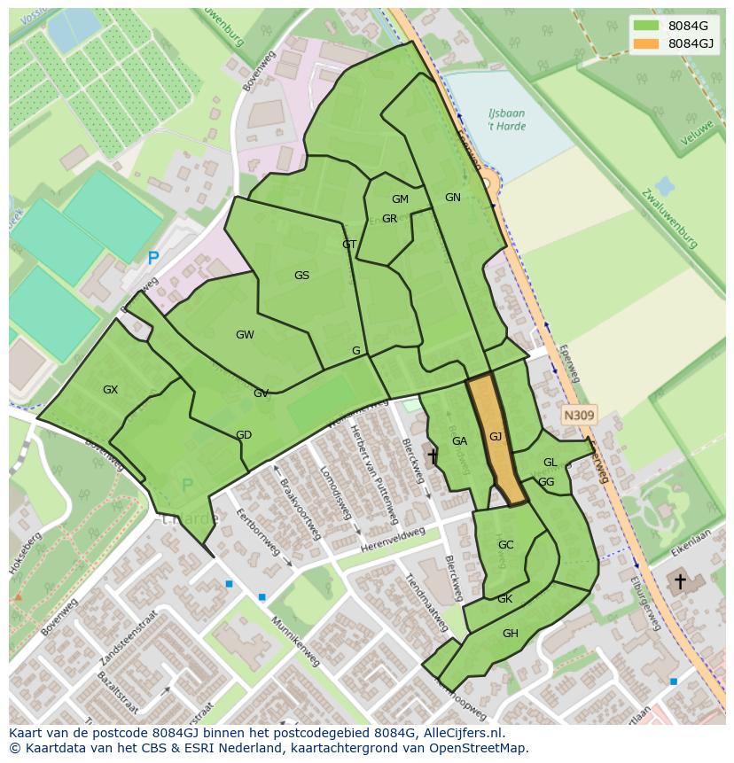 Afbeelding van het postcodegebied 8084 GJ op de kaart.