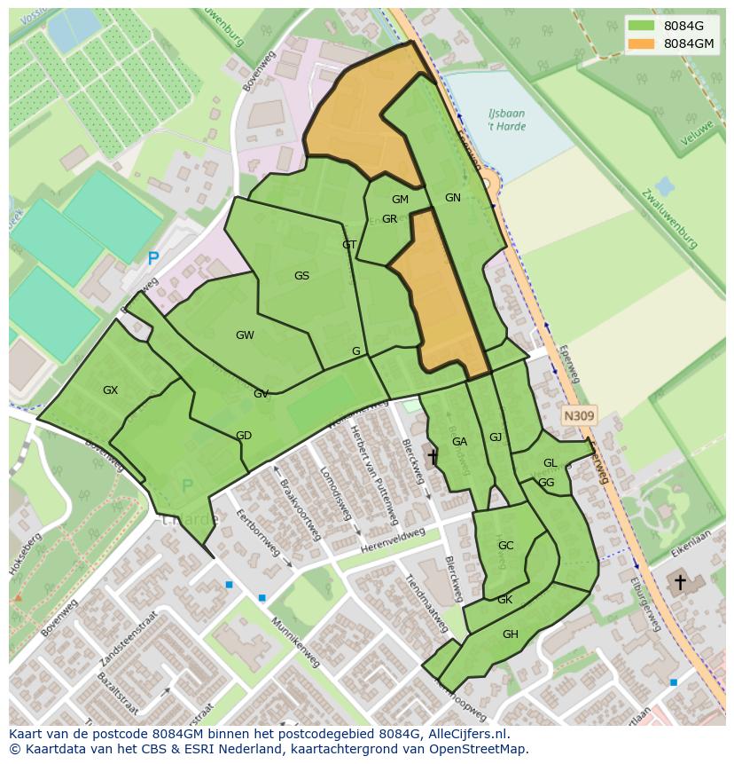 Afbeelding van het postcodegebied 8084 GM op de kaart.