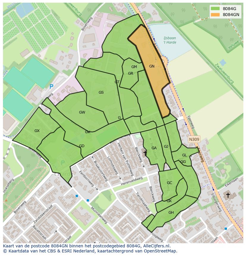 Afbeelding van het postcodegebied 8084 GN op de kaart.