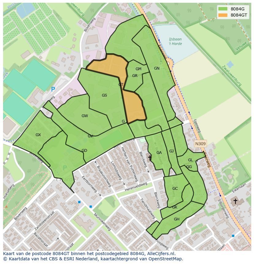 Afbeelding van het postcodegebied 8084 GT op de kaart.