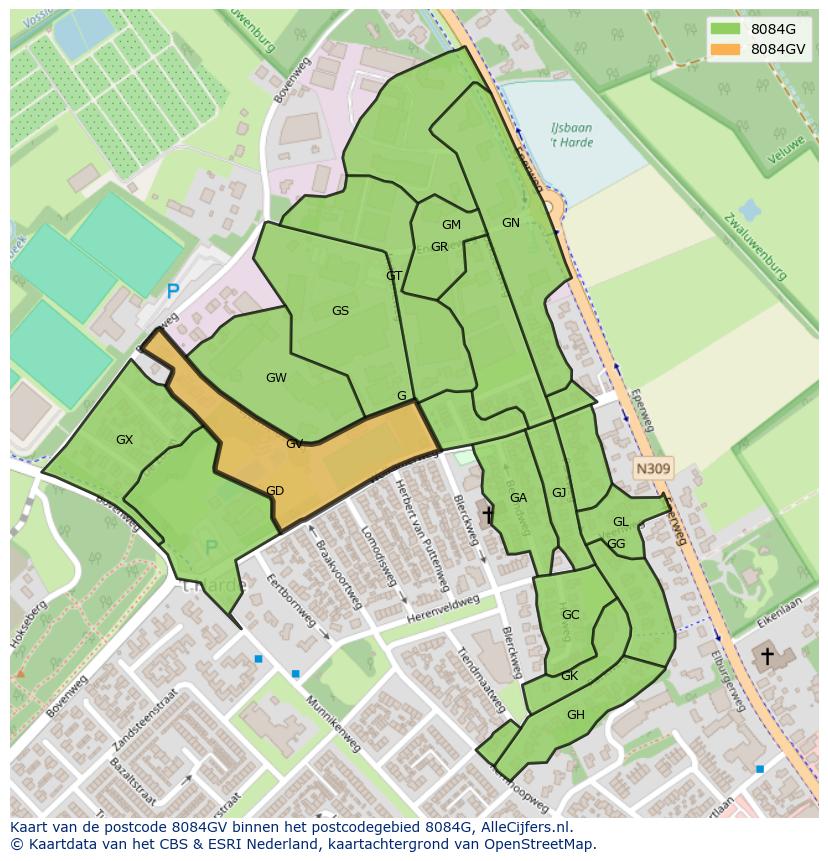 Afbeelding van het postcodegebied 8084 GV op de kaart.