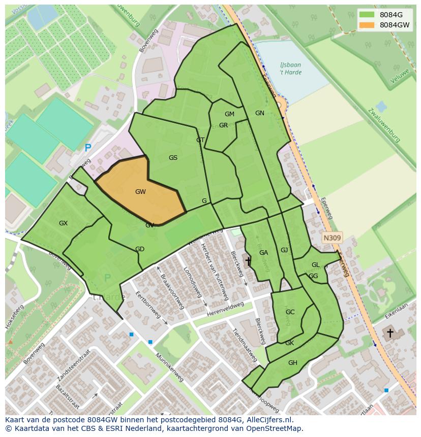 Afbeelding van het postcodegebied 8084 GW op de kaart.