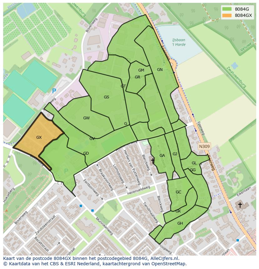 Afbeelding van het postcodegebied 8084 GX op de kaart.