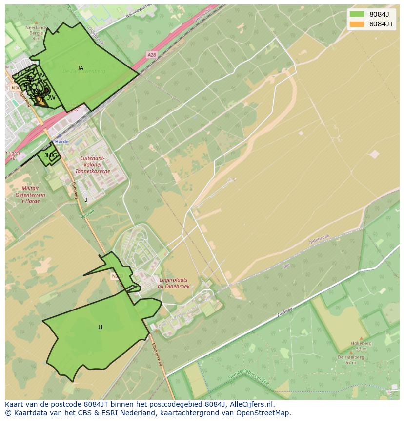 Afbeelding van het postcodegebied 8084 JT op de kaart.
