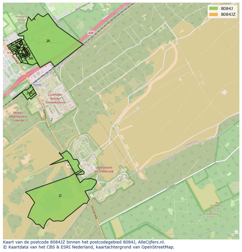 Afbeelding van het postcodegebied 8084 JZ op de kaart.