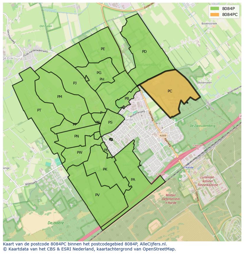 Afbeelding van het postcodegebied 8084 PC op de kaart.