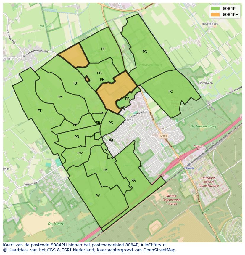 Afbeelding van het postcodegebied 8084 PH op de kaart.