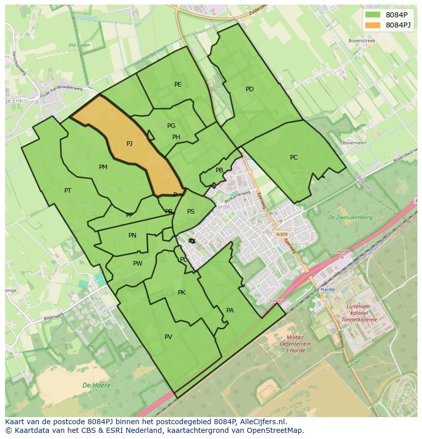 Afbeelding van het postcodegebied 8084 PJ op de kaart.