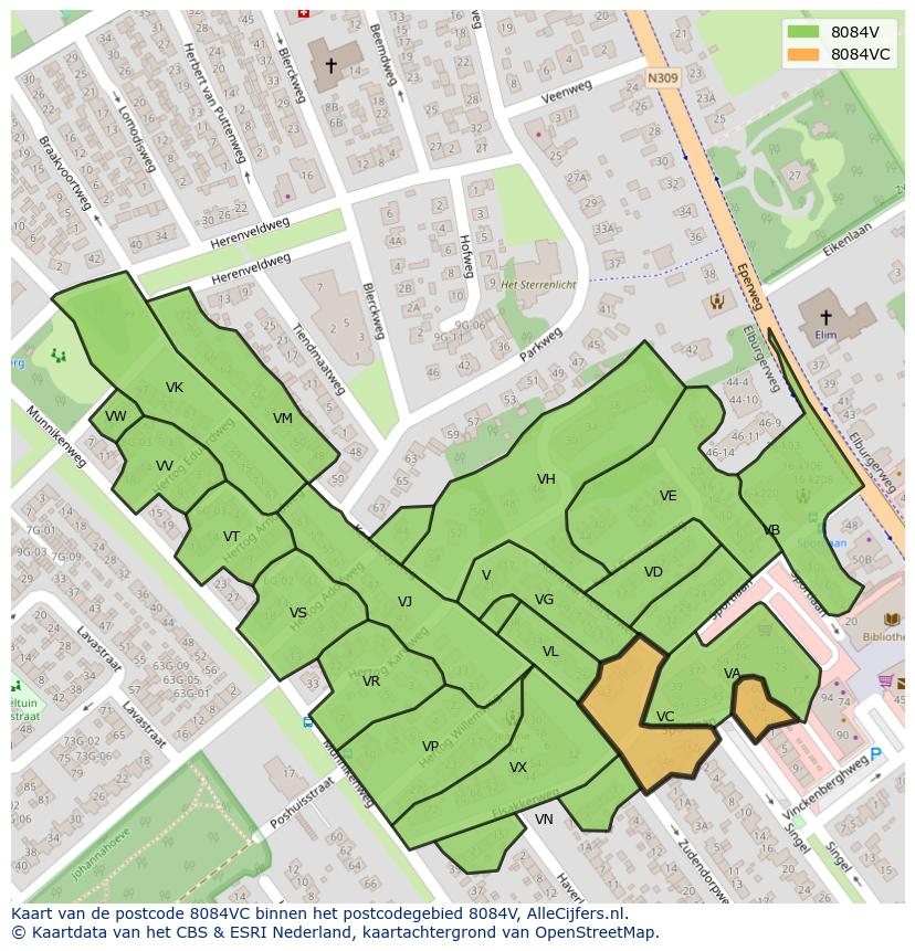 Afbeelding van het postcodegebied 8084 VC op de kaart.