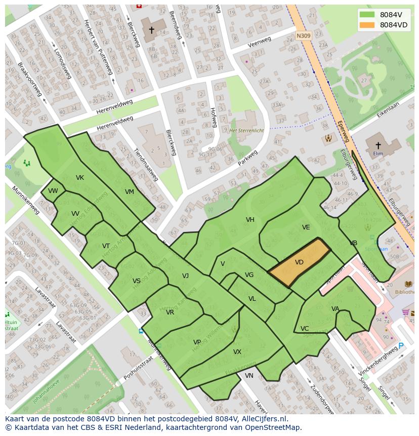 Afbeelding van het postcodegebied 8084 VD op de kaart.