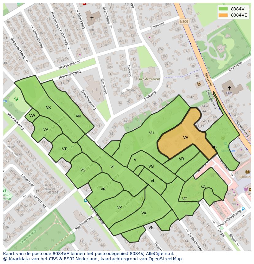 Afbeelding van het postcodegebied 8084 VE op de kaart.