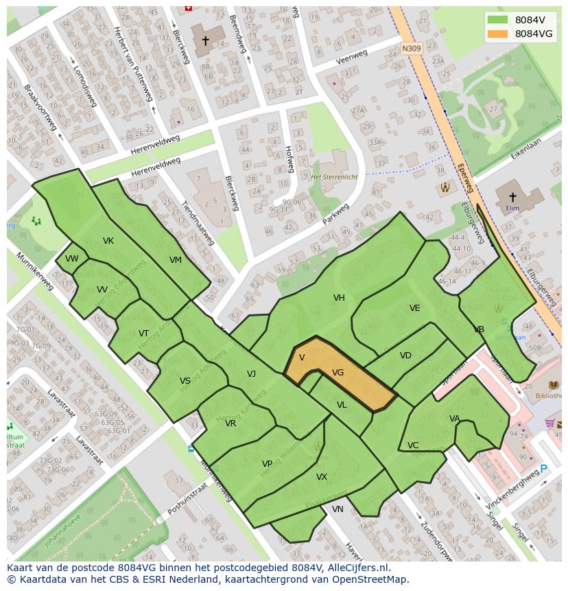 Afbeelding van het postcodegebied 8084 VG op de kaart.