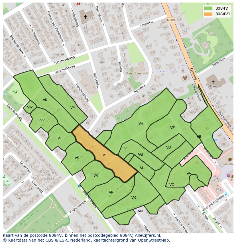 Afbeelding van het postcodegebied 8084 VJ op de kaart.