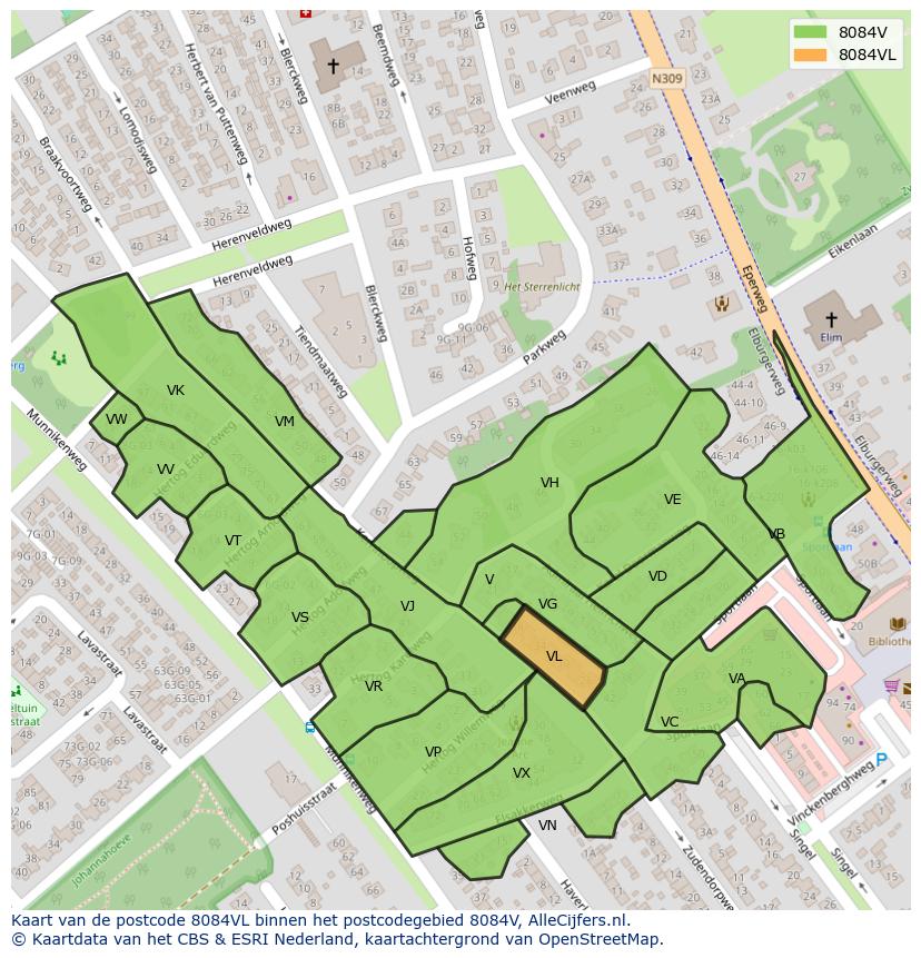 Afbeelding van het postcodegebied 8084 VL op de kaart.