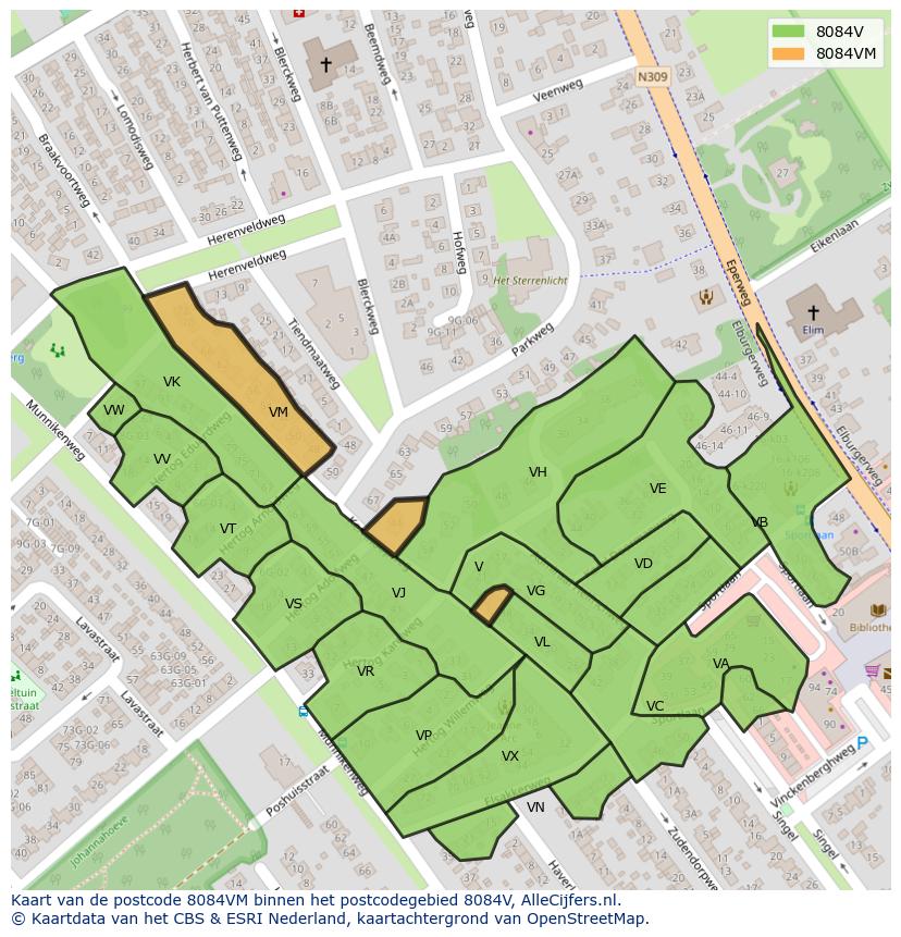 Afbeelding van het postcodegebied 8084 VM op de kaart.