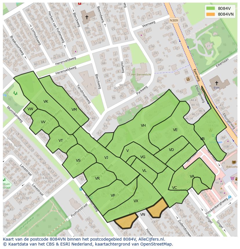 Afbeelding van het postcodegebied 8084 VN op de kaart.