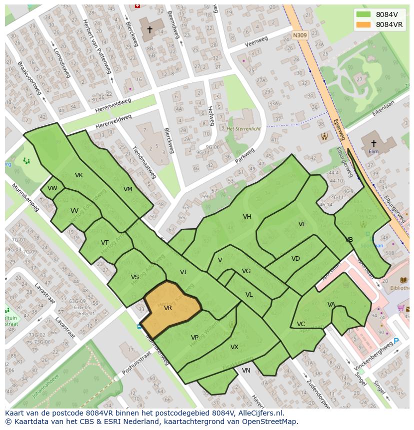 Afbeelding van het postcodegebied 8084 VR op de kaart.