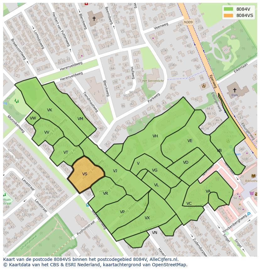Afbeelding van het postcodegebied 8084 VS op de kaart.