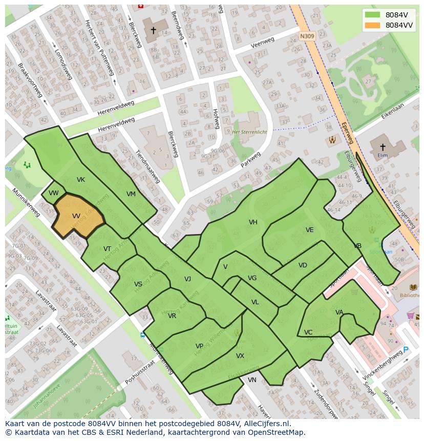 Afbeelding van het postcodegebied 8084 VV op de kaart.
